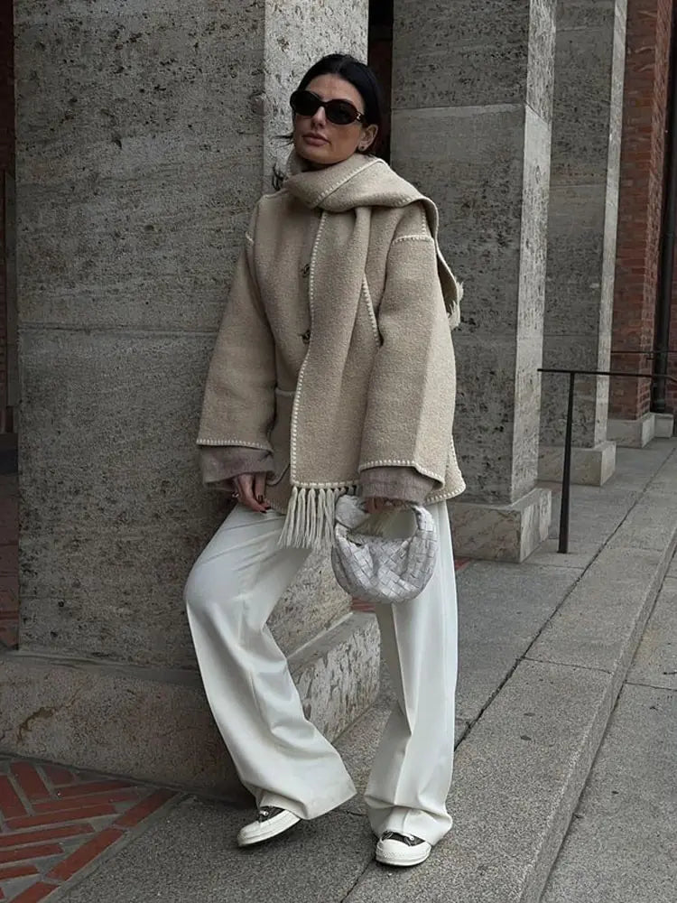 Chaqueta con Cuello de Bufanda de Flecos para Mujer