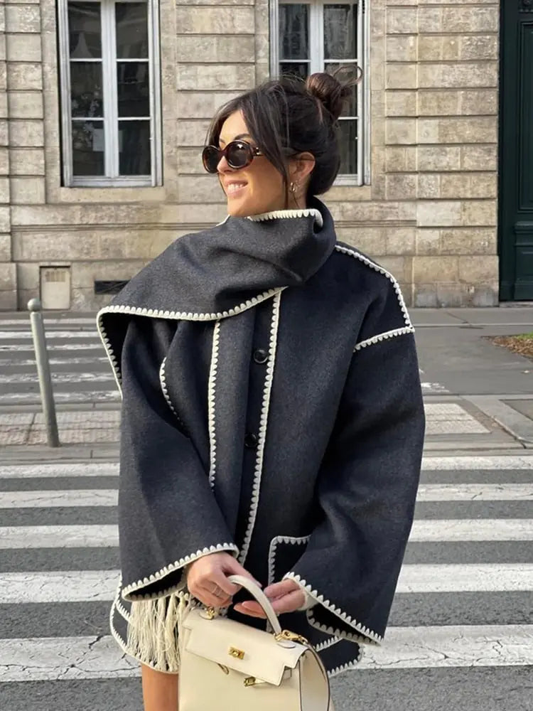 Chaqueta con Cuello de Bufanda de Flecos para Mujer